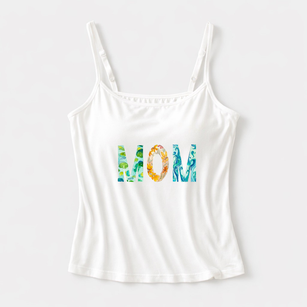 White modal camisole with built-in bra and centered floral MOM graphic flat lay
