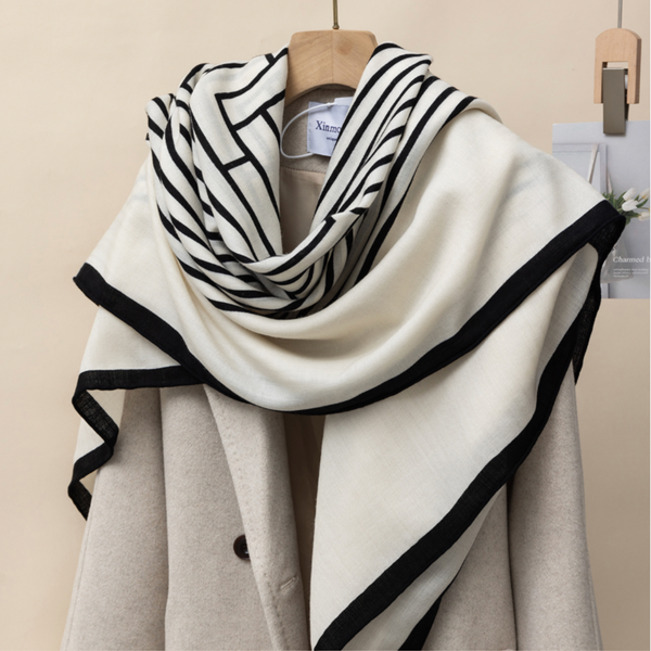 100% Wool Square Scarf – Geometric Border Wrap