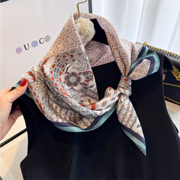 100% Mulberry Silk Square Scarf – Artistic Print Neck Scarf