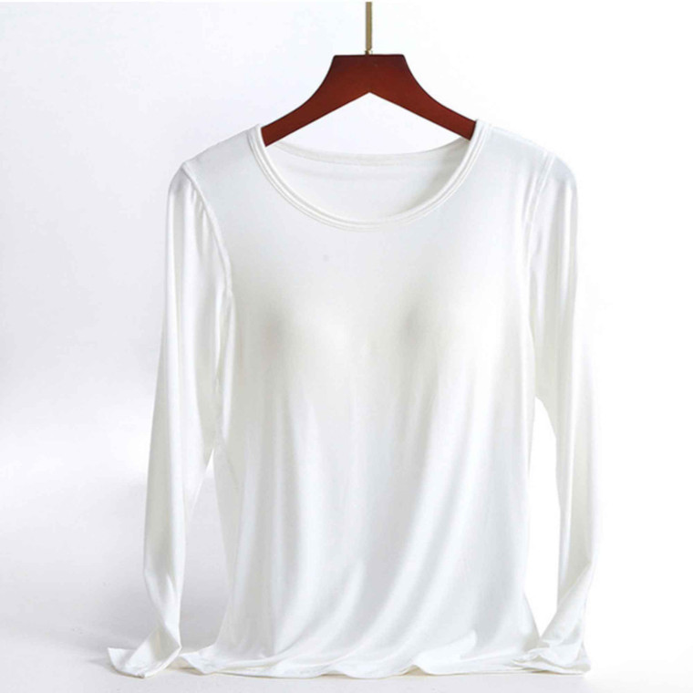 Women No Bra T-shirts Shelf Bra Fall Scoop Neck Long Sleeve T-shirt