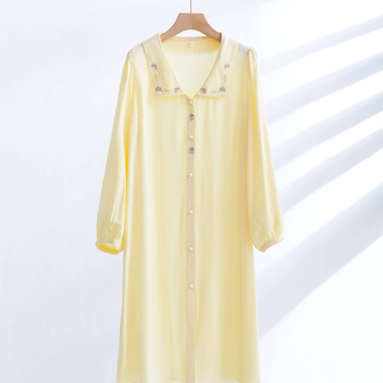 Spring Long Floral Pajama Dress Comfortable Pajamas Yellow Lapel Long-Sleeved Night Dress