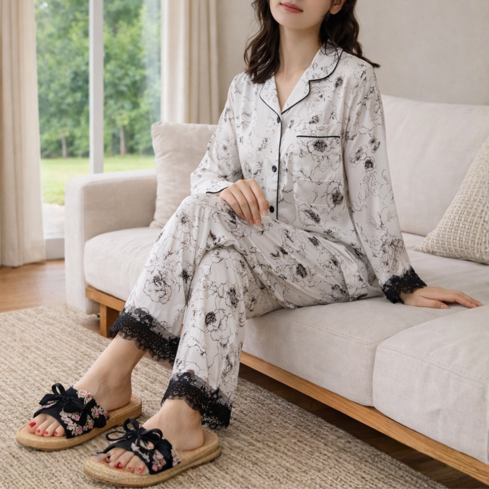 Black floral bow woven-look slide slippers