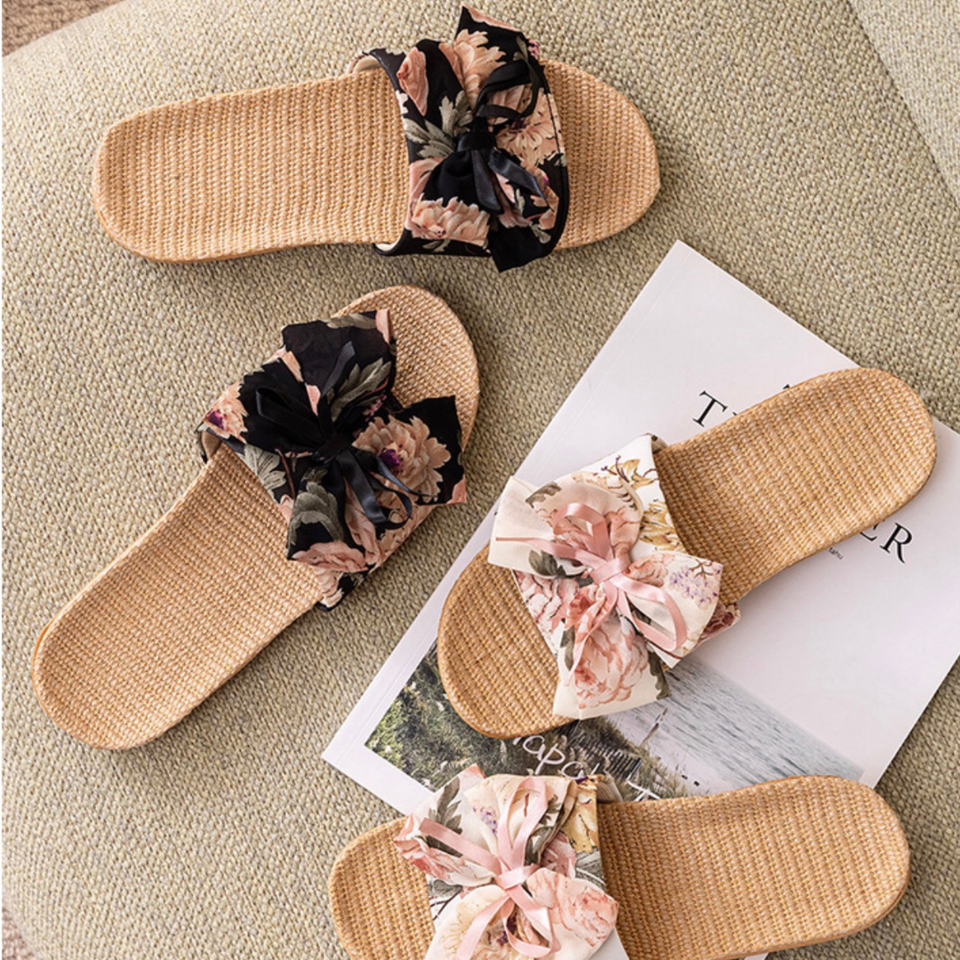 Women’s floral bow house slippers, side view
