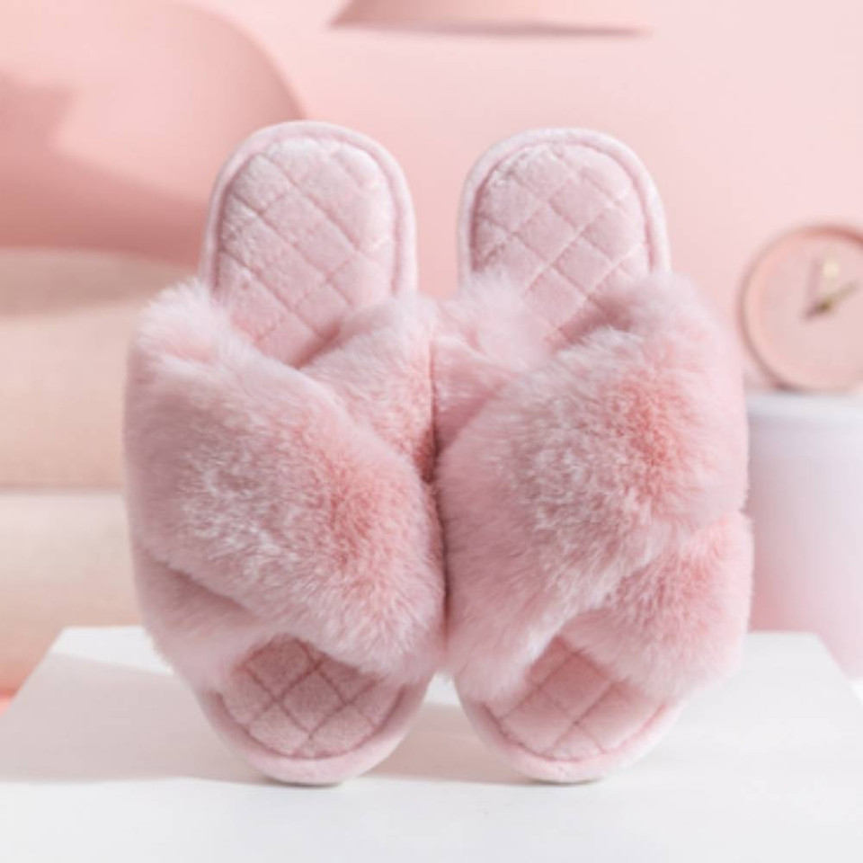 Pink faux fur cross-band house slippers product view