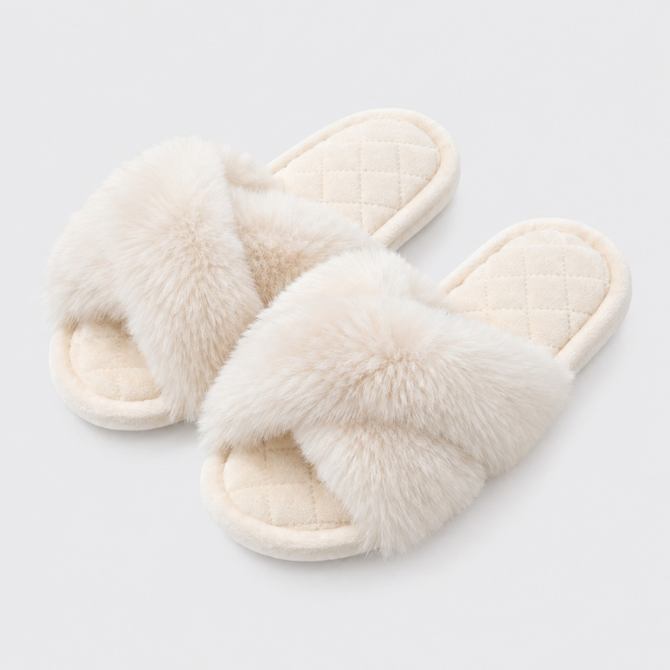 Ivory faux fur cross-band open-toe slippers pair on a neutral background