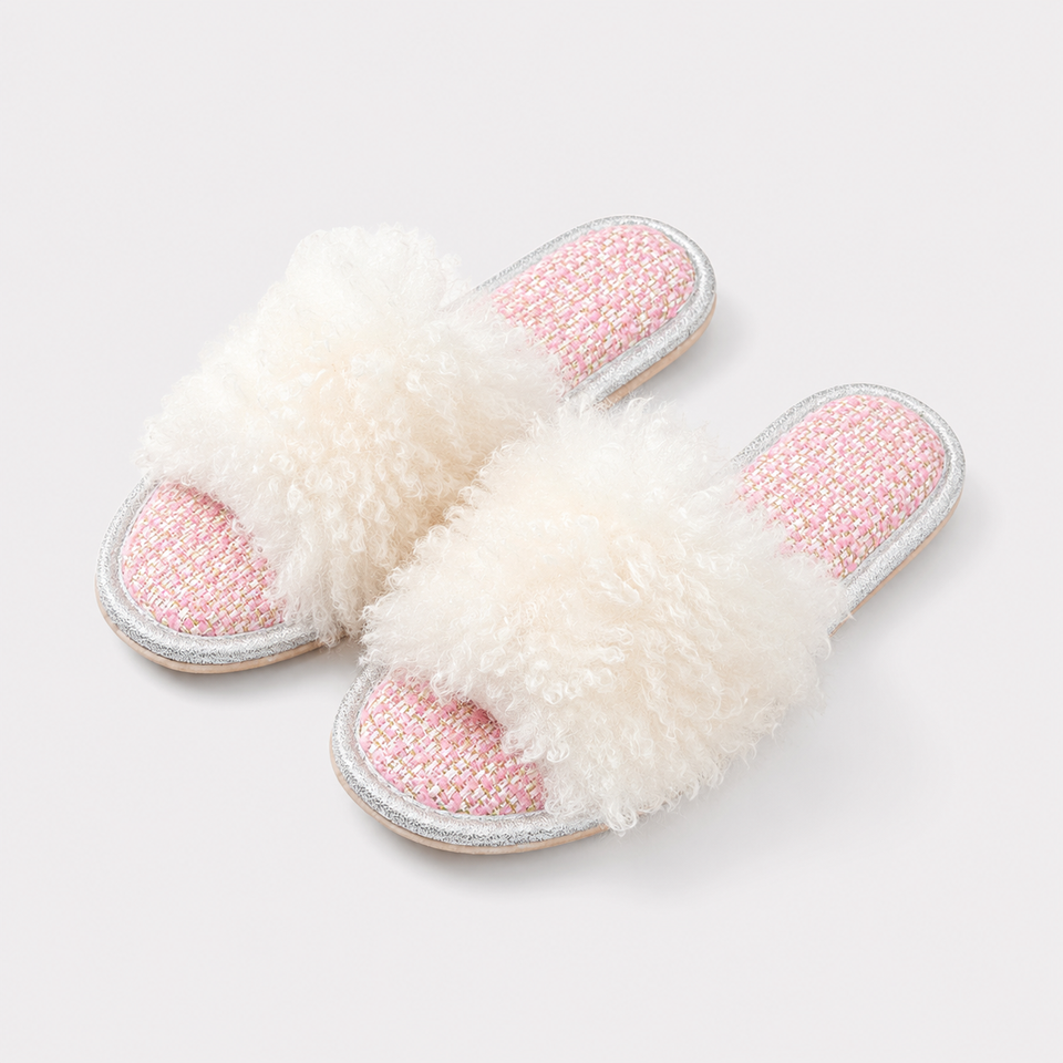 Women’s ivory curly plush open-toe house slippers on a light background