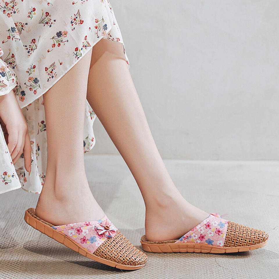 Women Rattan House Slippers with Flowers Bowknot| Spa Slippers