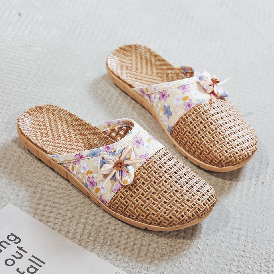 Women Rattan House Slippers with Flowers Bowknot| Spa Slippers