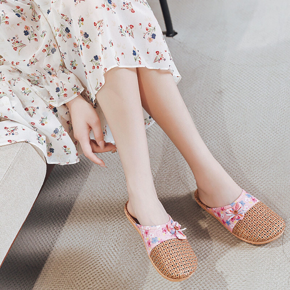 Women Rattan House Slippers with Flowers Bowknot| Spa Slippers
