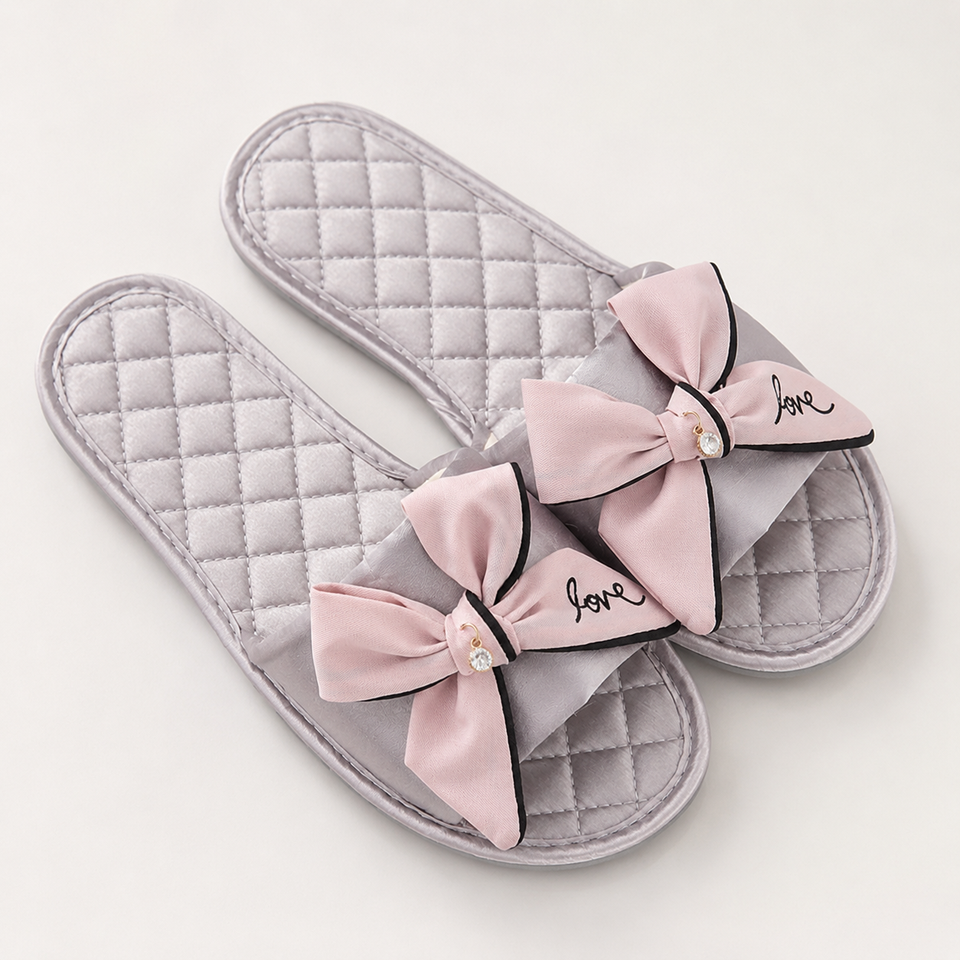 Satin Bow Open-Toe Slippers – Quilted Everyday Comfort