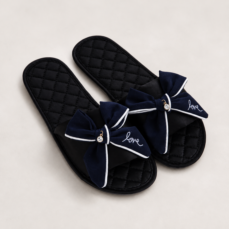 Satin Bow Open-Toe Slippers – Quilted Everyday Comfort