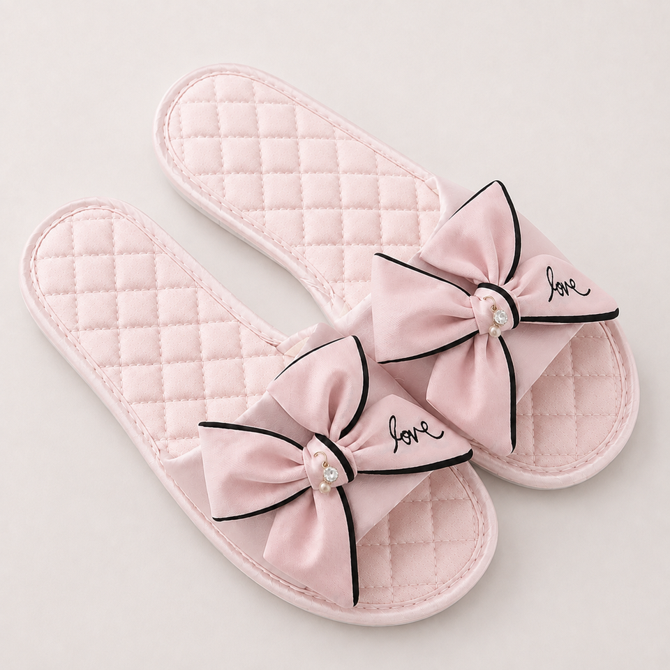 Satin Bow Open-Toe Slippers – Quilted Everyday Comfort
