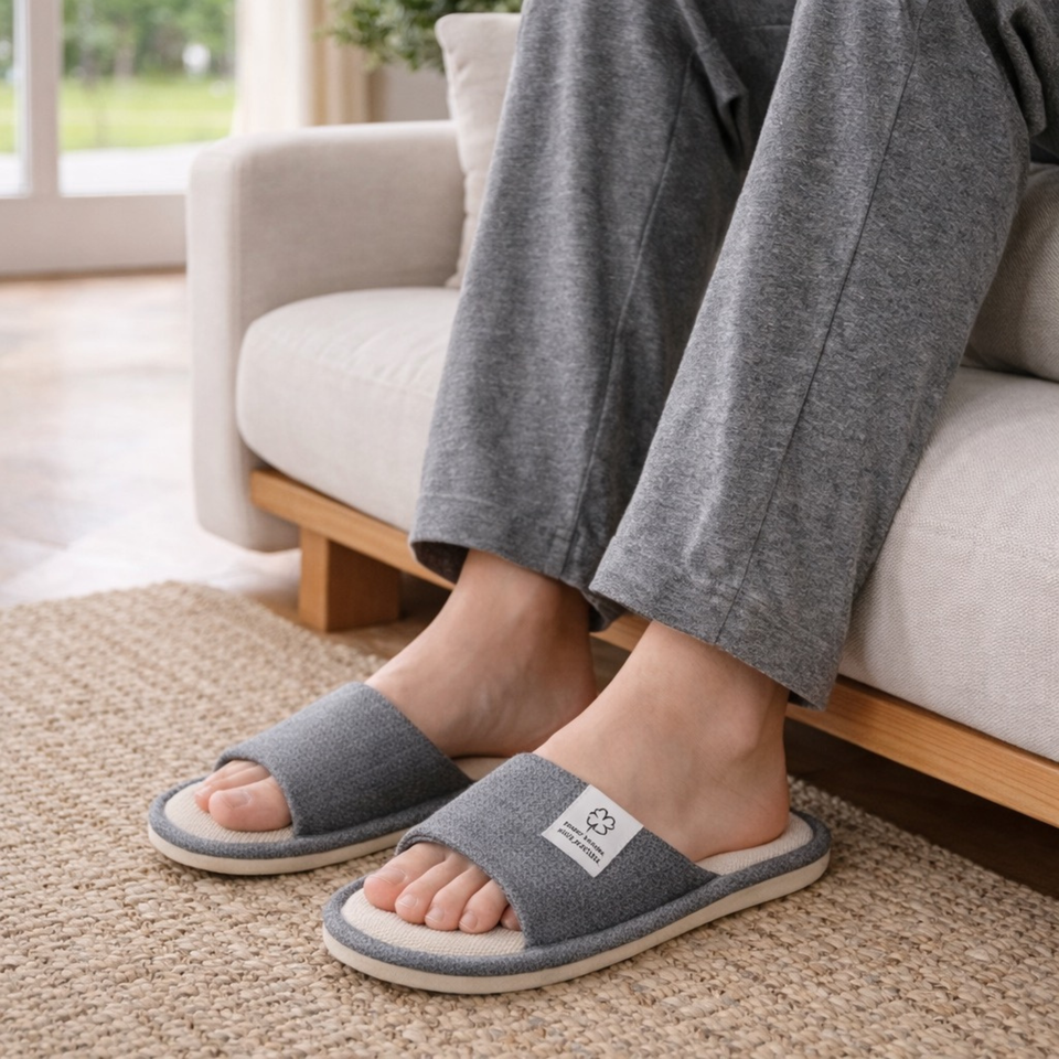 Textured Fabric Open-Toe Indoor Slippers – Calm Structured Slides for Everyday Home Wear