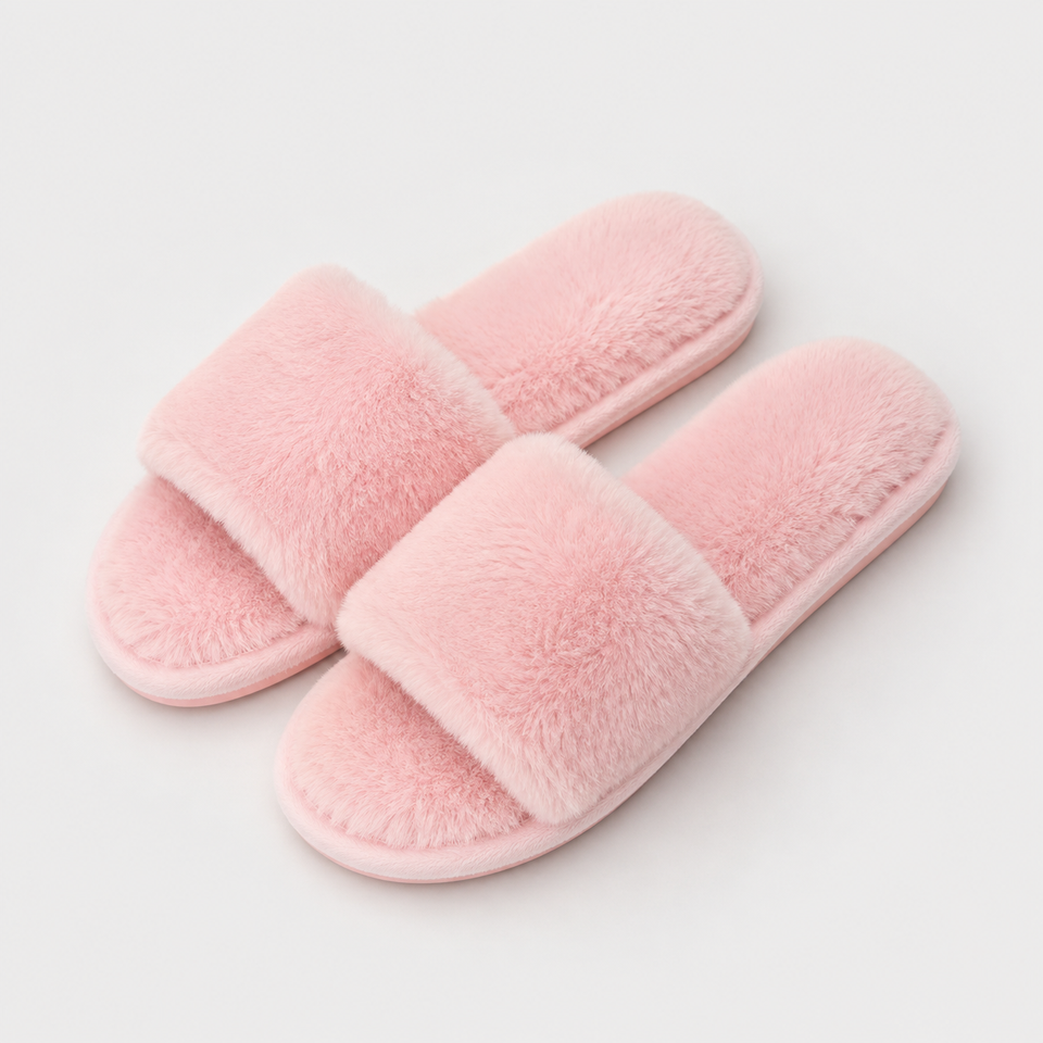 Pink plush open-toe slide slippers product view