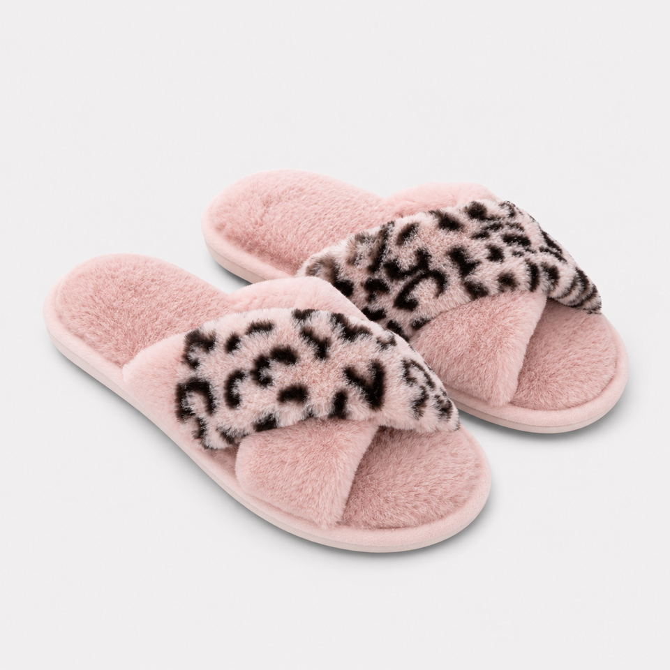Pink plush leopard crossband house slippers product view