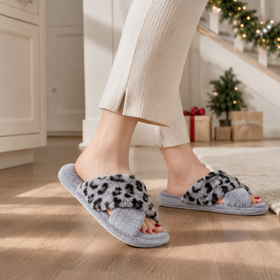 Gray plush leopard house slippers lifestyle view