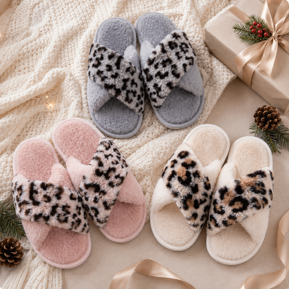 Pink, Gray and Ivory leopard slippers holiday gift display