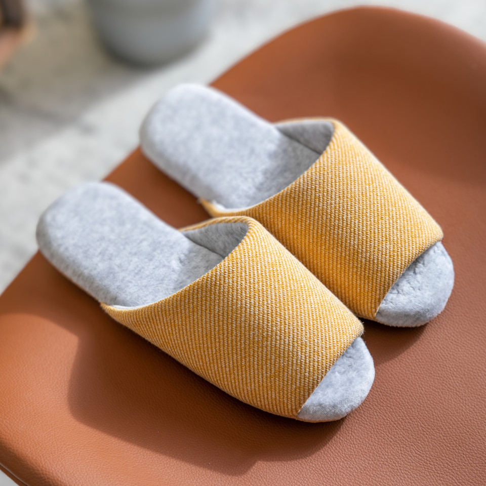 Yellow textured wide-band open-toe house slippers product view