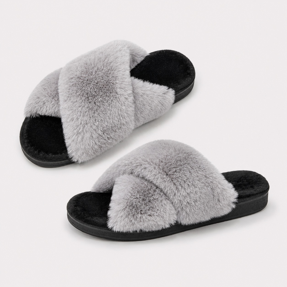 Two-Tone Plush Crossband Slippers – Soft Indoor Slides for Women