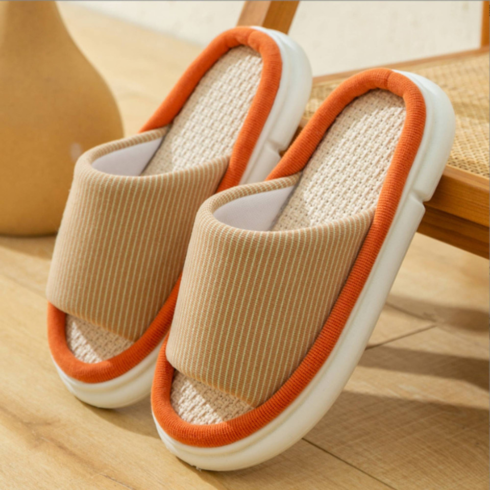 Women Linen Slippers with EVA Sole, Unisex Anti-slip Light Weight House Shoes for Couple, High Heel House Slippers