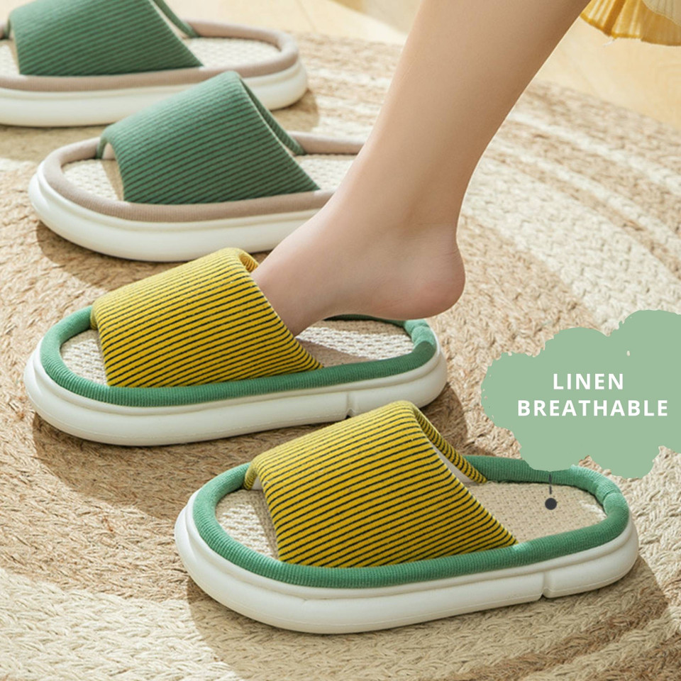 Women Linen Slippers with EVA Sole, Unisex Anti-slip Light Weight House Shoes for Couple, High Heel House Slippers