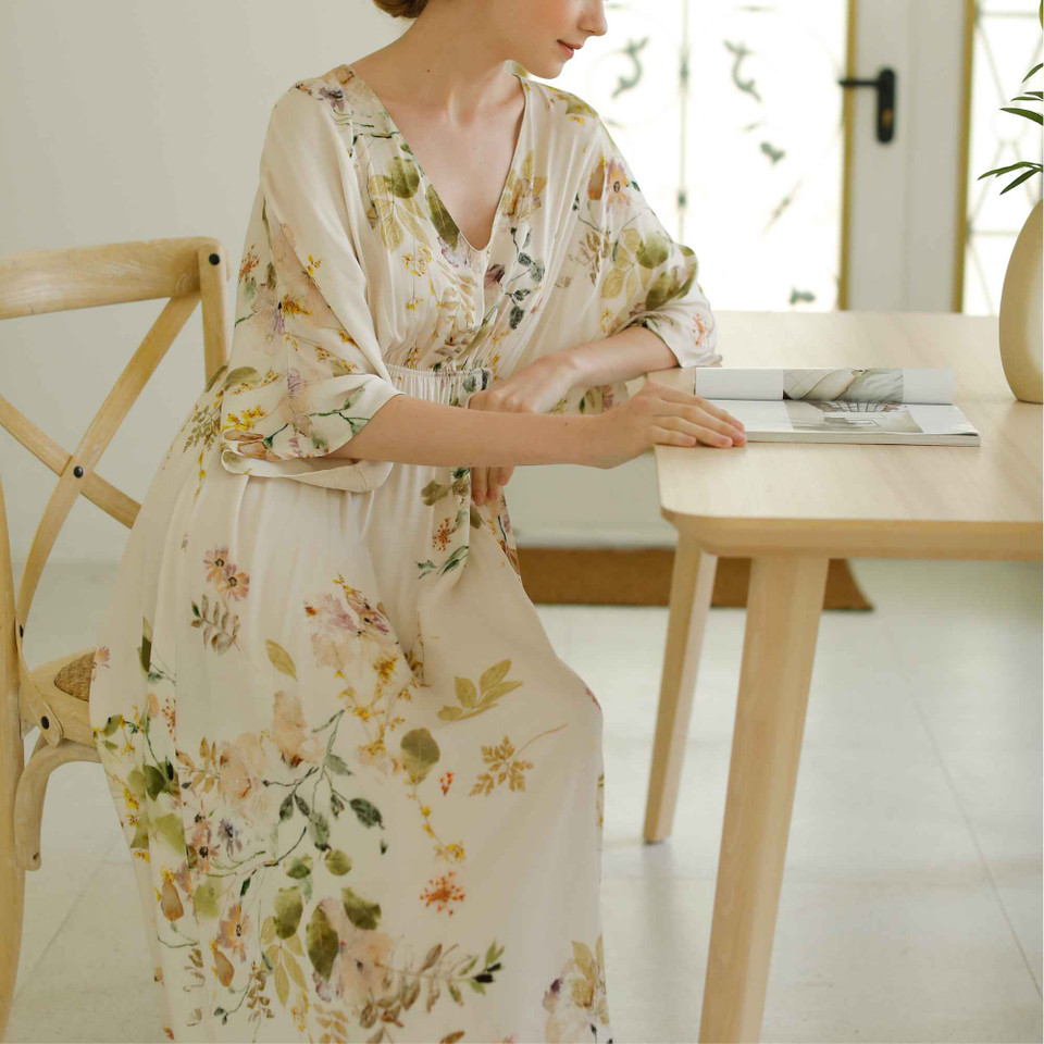 Garden Bloom viscose kimono midi lounge dress in botanical floral print