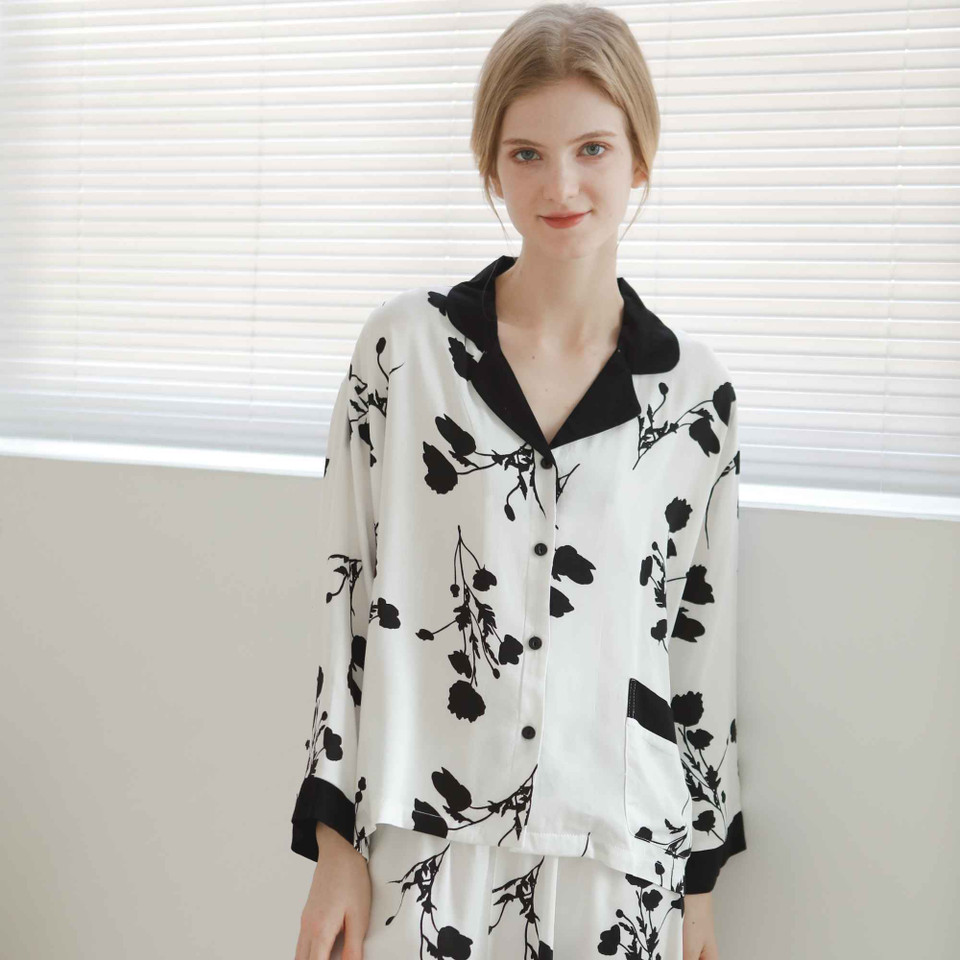 Viscose Contrast Collar Pajama Set – Black Botanical Print