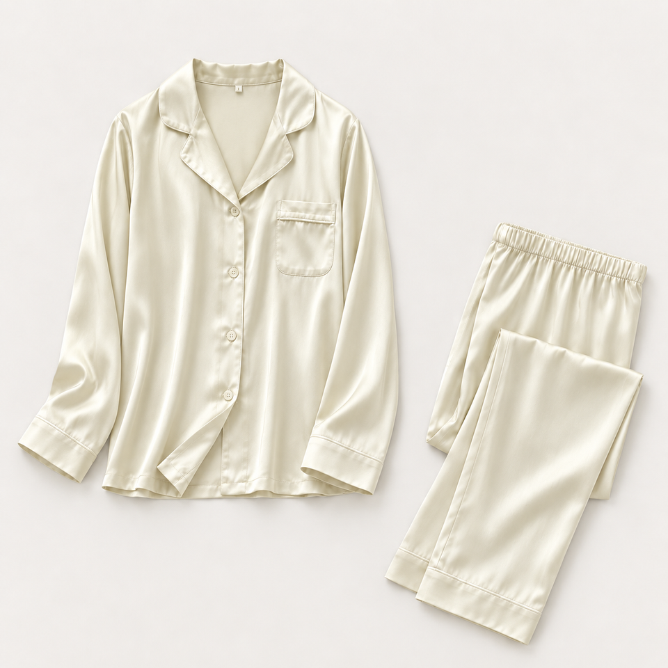 Ivory viscose pajama shirt and pants flat lay
