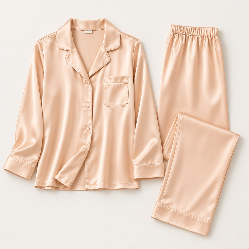Peach viscose pajama shirt and pants flat lay