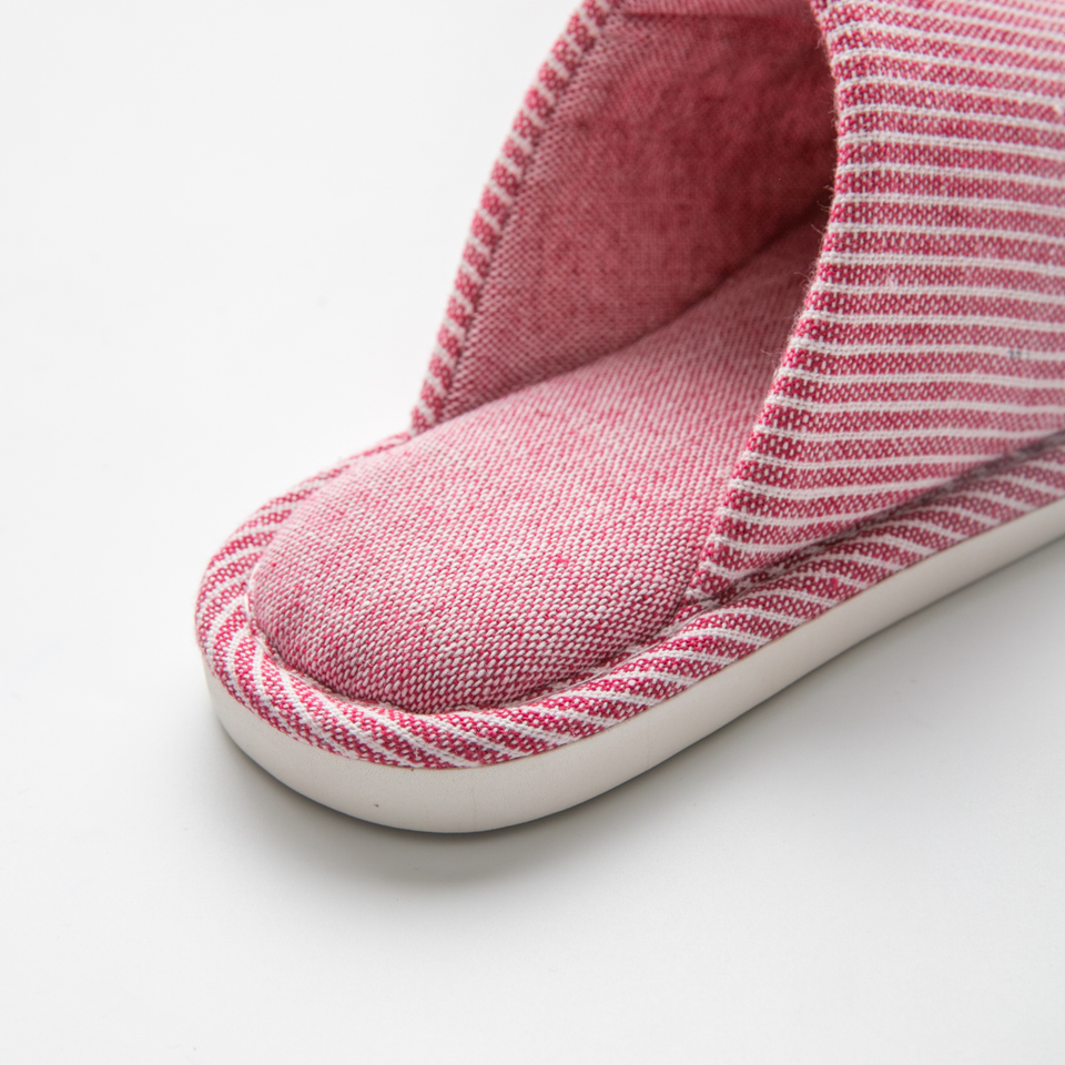 Red pinstripe house slipper upper and footbed detail