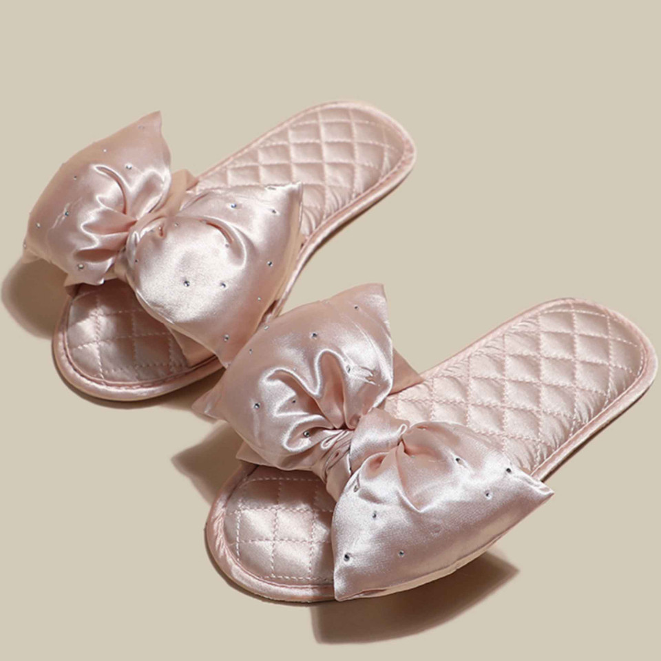 Satin Bow Open-Toe Indoor Slippers for Women with Quilted Footbed and Elegant Bridal Comfort