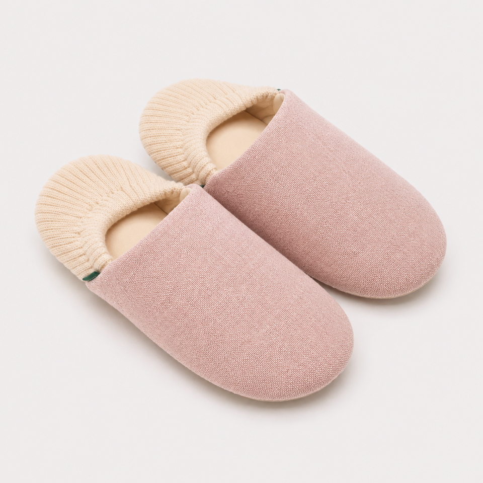 Pink gathered knit-trim closed-toe house slippers hero view