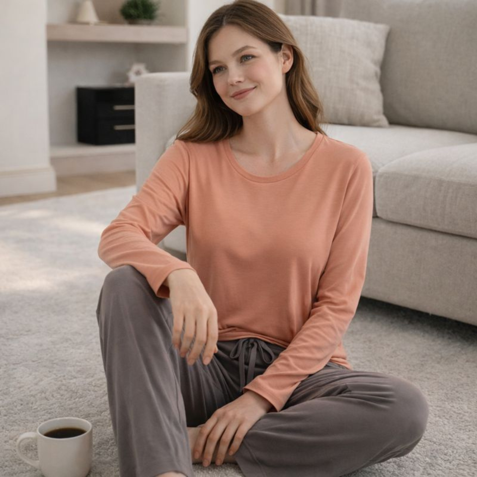Modal Flow Long Sleeve Lounge Set – Built-In Bra Top & Soft Straight Pants
