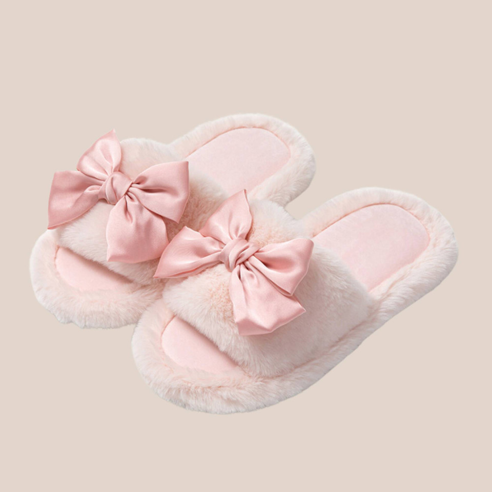 Plush Bow Accent Slide – Cozy Indoor Slippers for Women