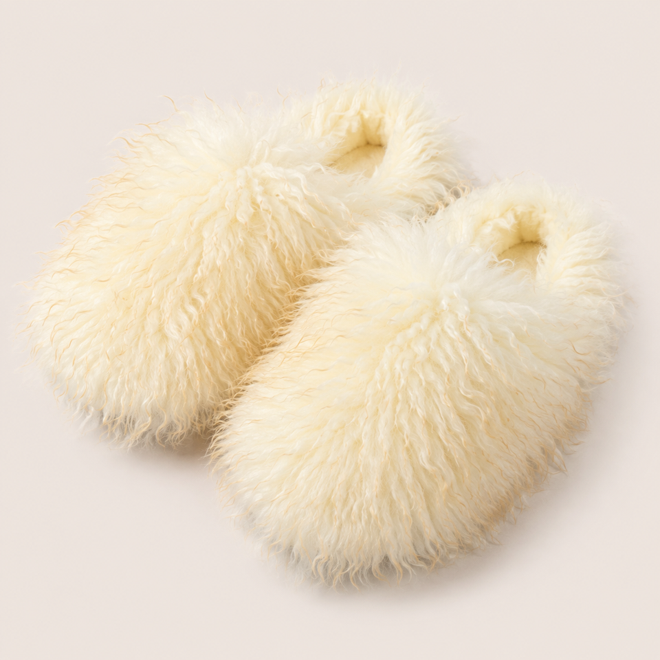 Yellow shaggy plush closed-toe house slippers product view