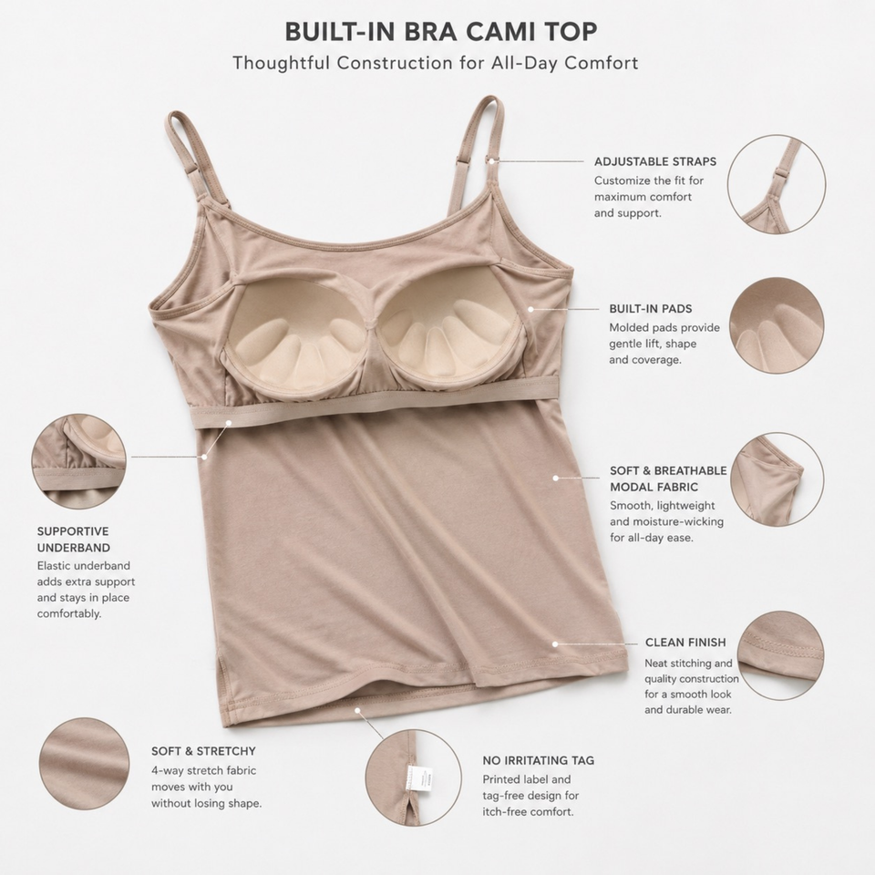 Modal Camisole with Built-In Shelf Bra – Adjustable Strap Essential