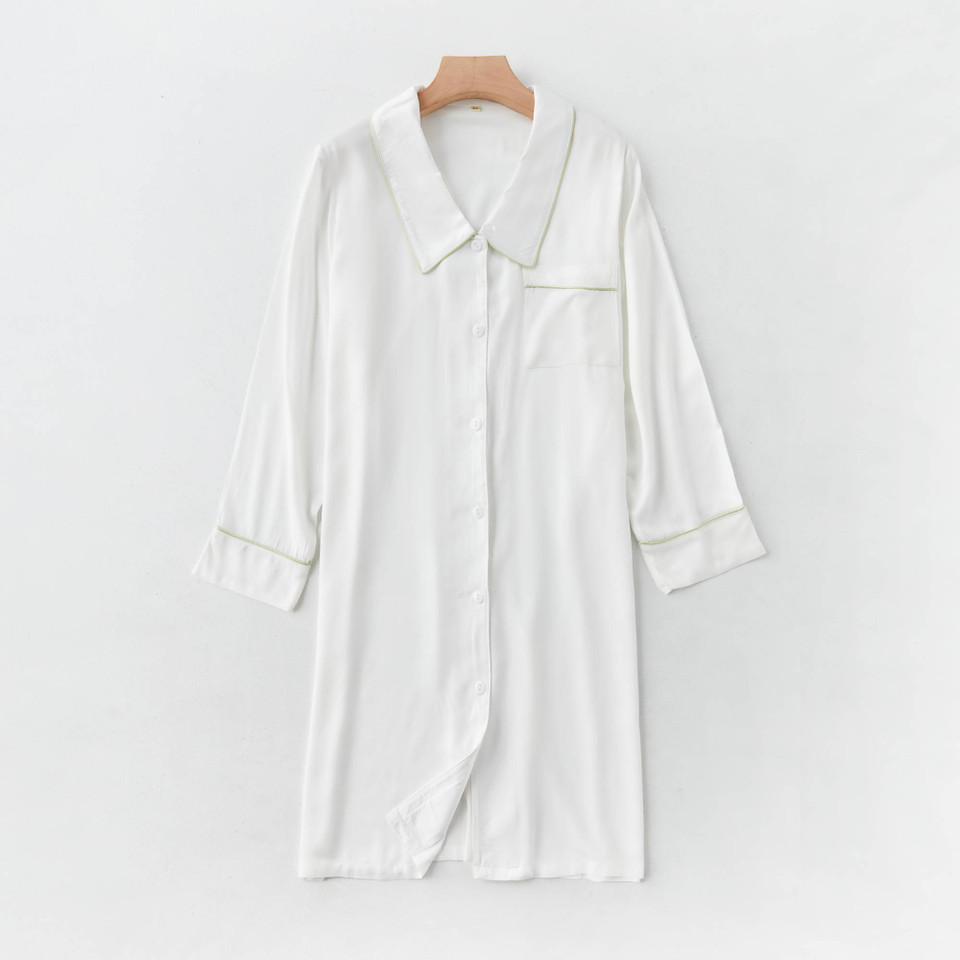 White satin button front lounge dress flat lay