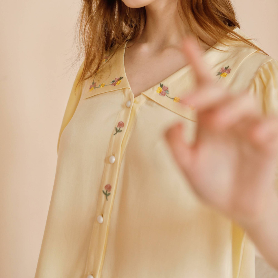 Viscose Embroidered Collar Nightdress – Soft Yellow Loungewear