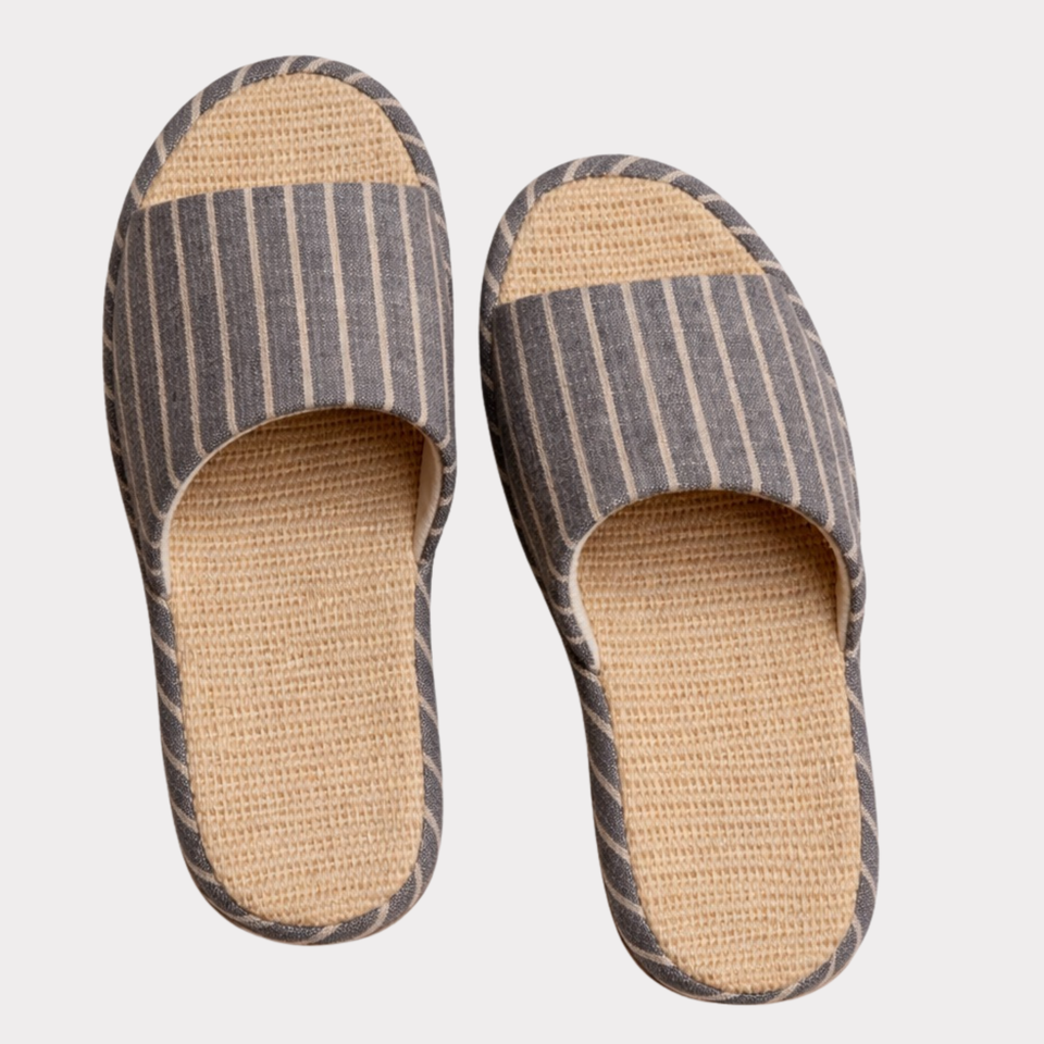Beige and light gray striped house slippers - color view