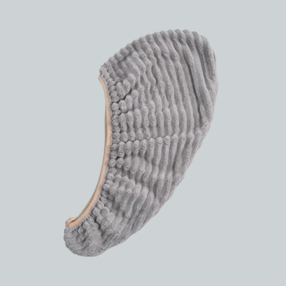 Gray chenille hair towel cap, side view