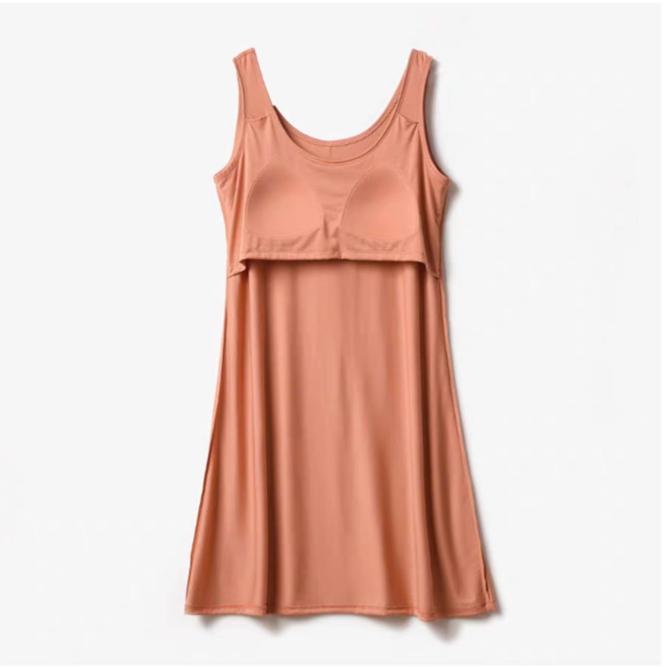 Orange Essential modal sleeveless lounge dress showing integrated bra interior