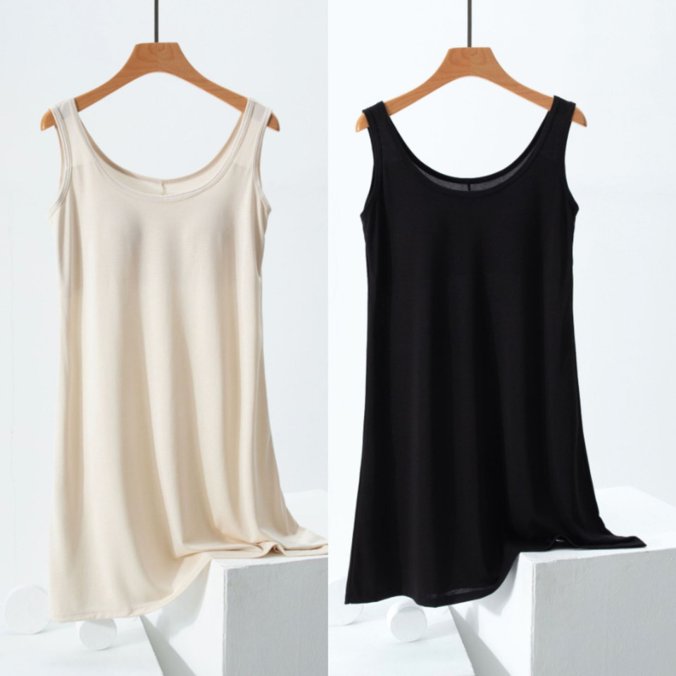 Beige and black Essential modal sleeveless lounge dresses displayed on hangers