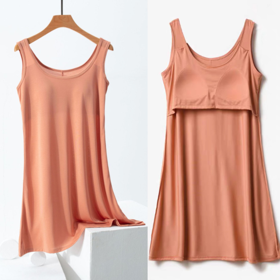 Orange Essential modal lounge dress showing front and integrated bra construction
