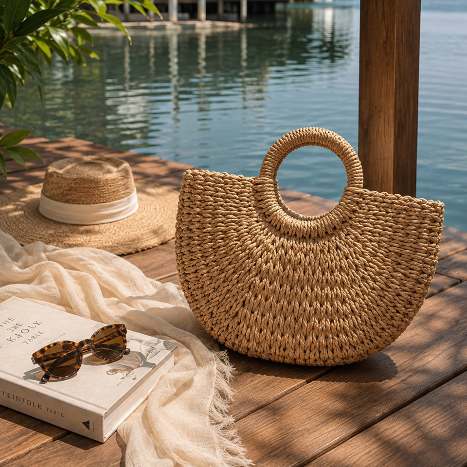 Handwoven Palm Arc Tote – Round Handle Straw Bag