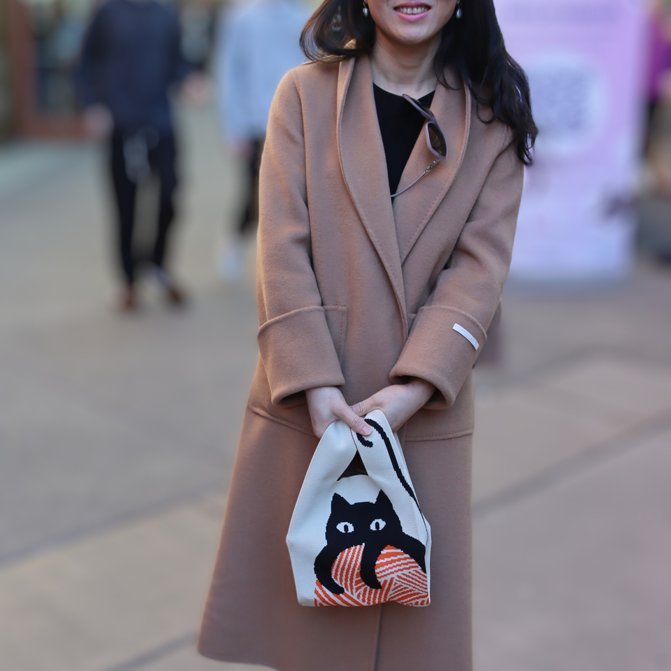 Cat Knit Mini Carry Bag – Soft Woven Handheld Pouch with Playful Animal Motif