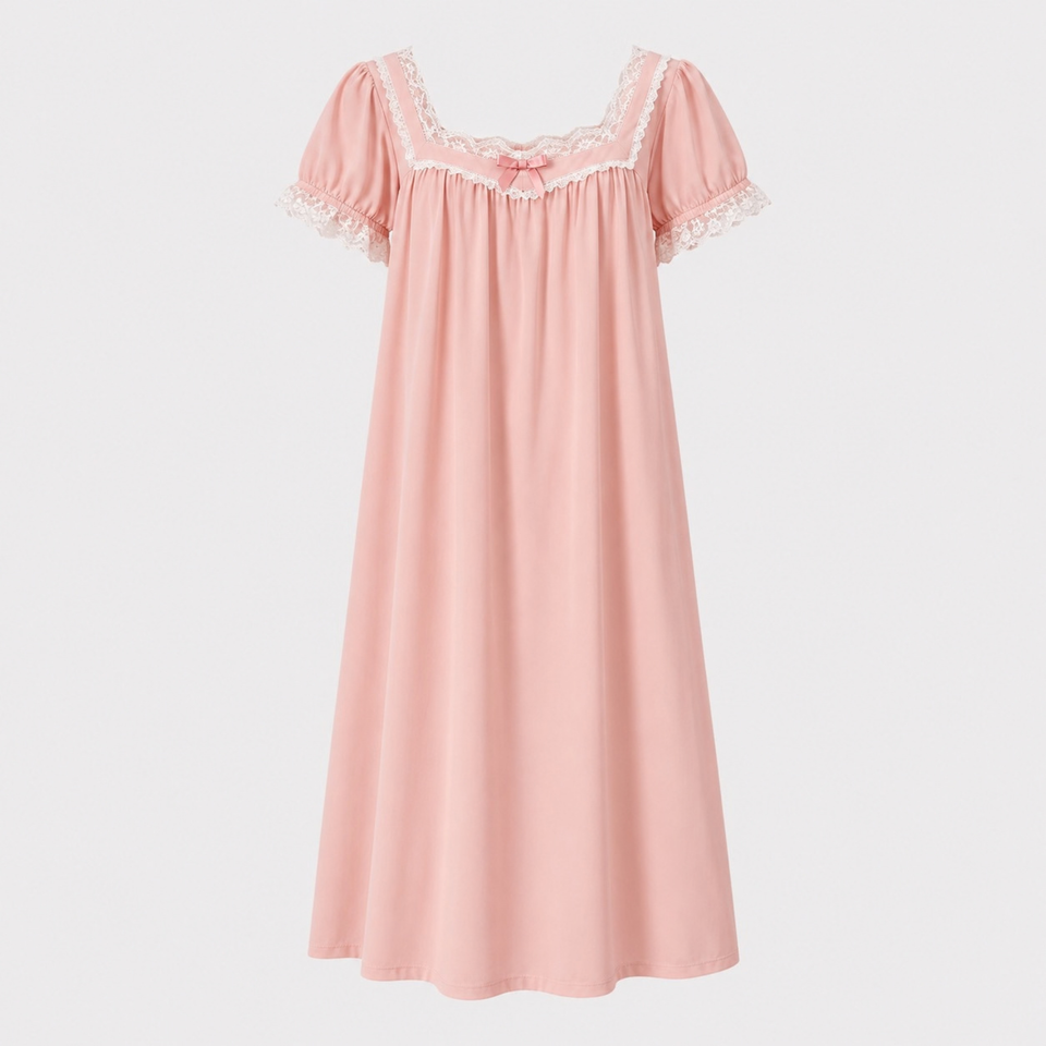 Pink cotton lace-trim lounge dress front view on a neutral background
