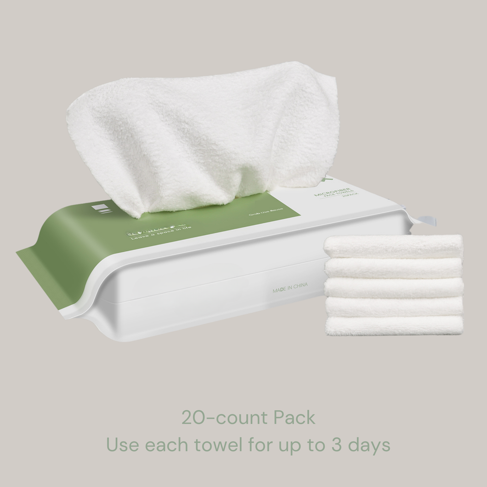 Twenty-count face towel pack with a stack of folded towels