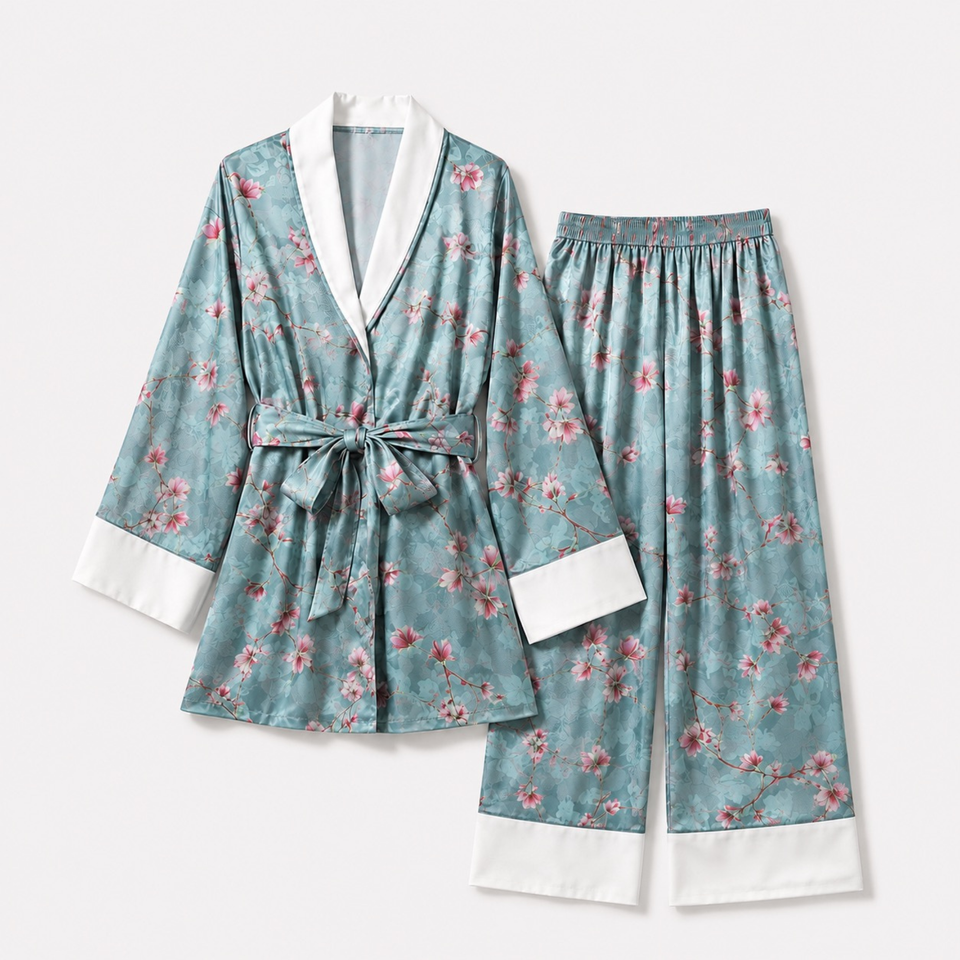 Silky Drape Kimono-Collar Pajama Set – Magnolia Blue Floral