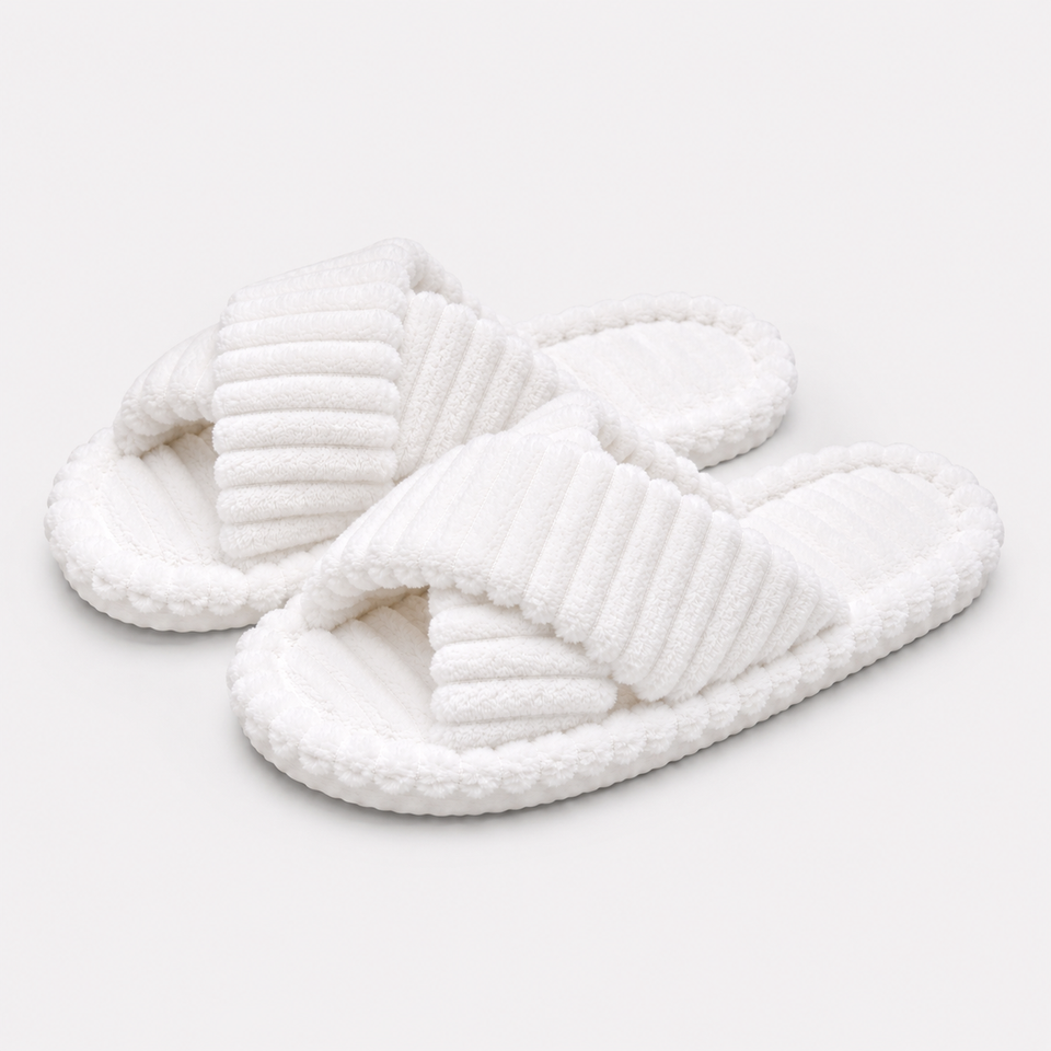 White ribbed plush crossband house slippers product view
