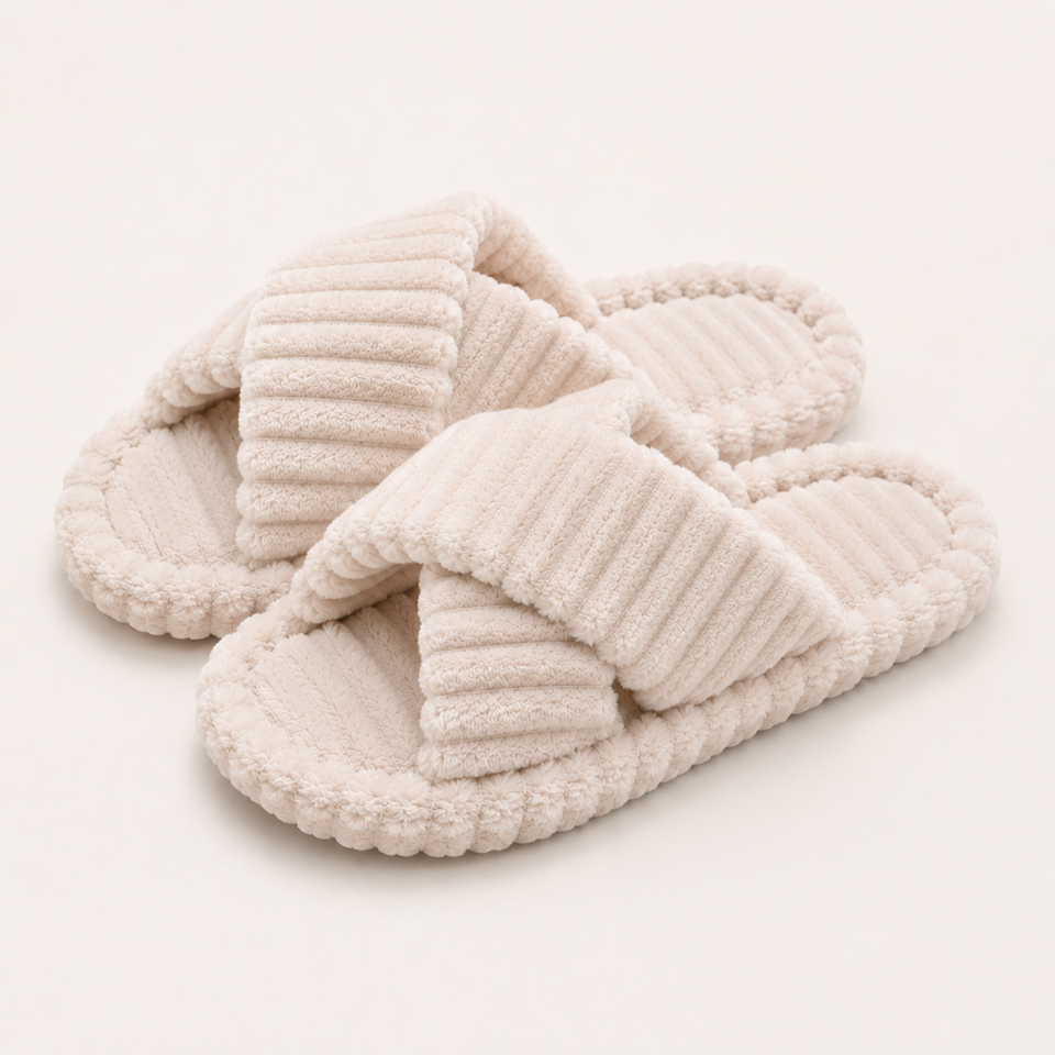 Khaki ribbed plush crossband house slippers product view